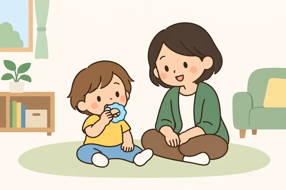 子どもが手で持つかむおもちゃをかみ、大人が笑って見ている