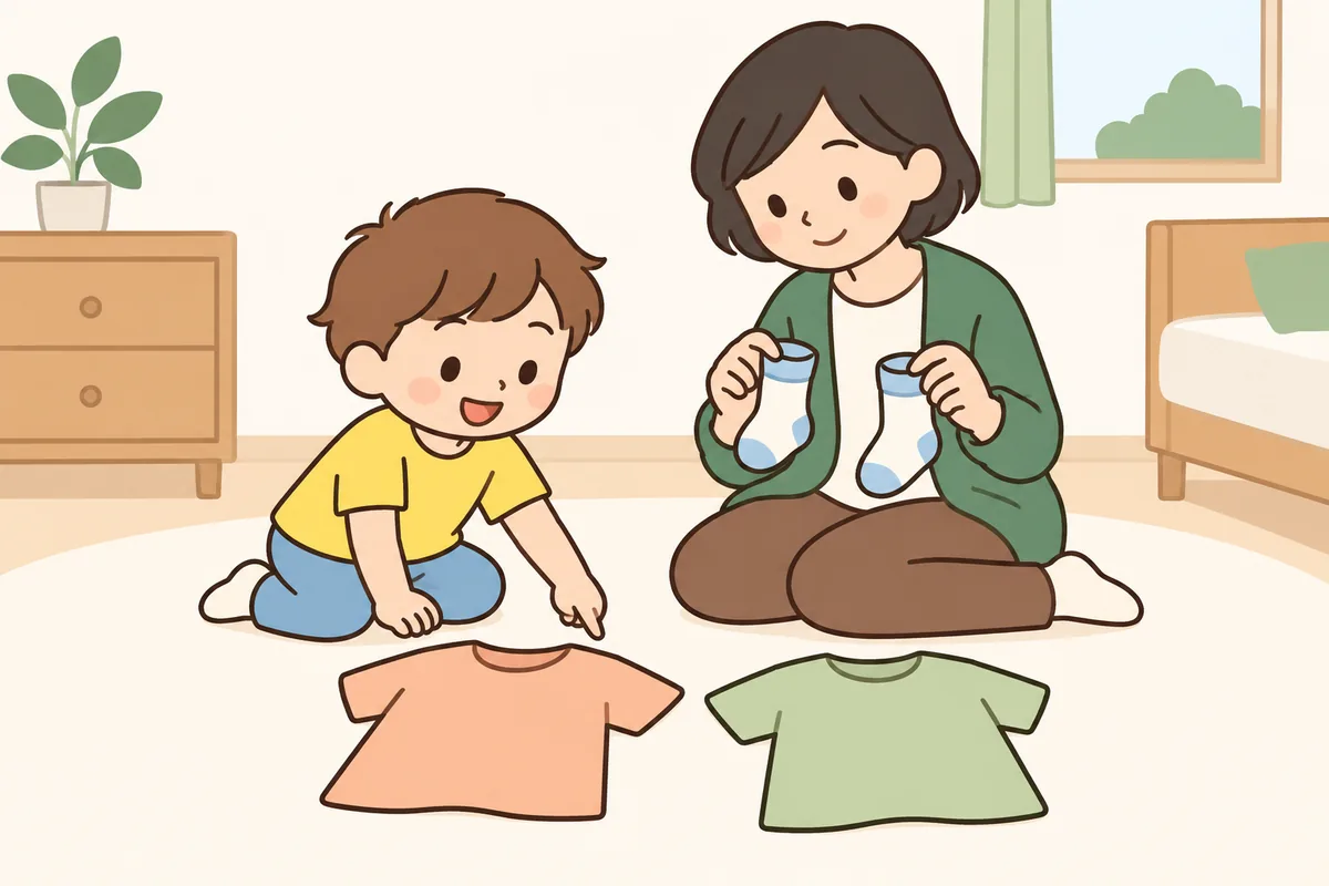 並べた2枚のTシャツから、子どもが1枚を選んでいる