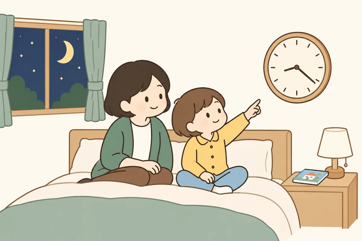 明かりを落とした寝室で、寝る前に親子で時計を見ている。