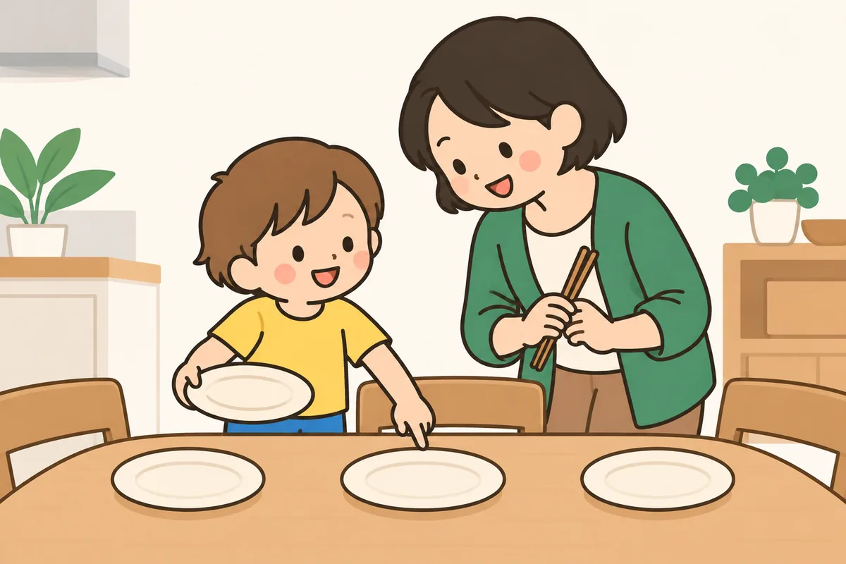 食卓にお皿を並べる子どもと、横で手伝う大人