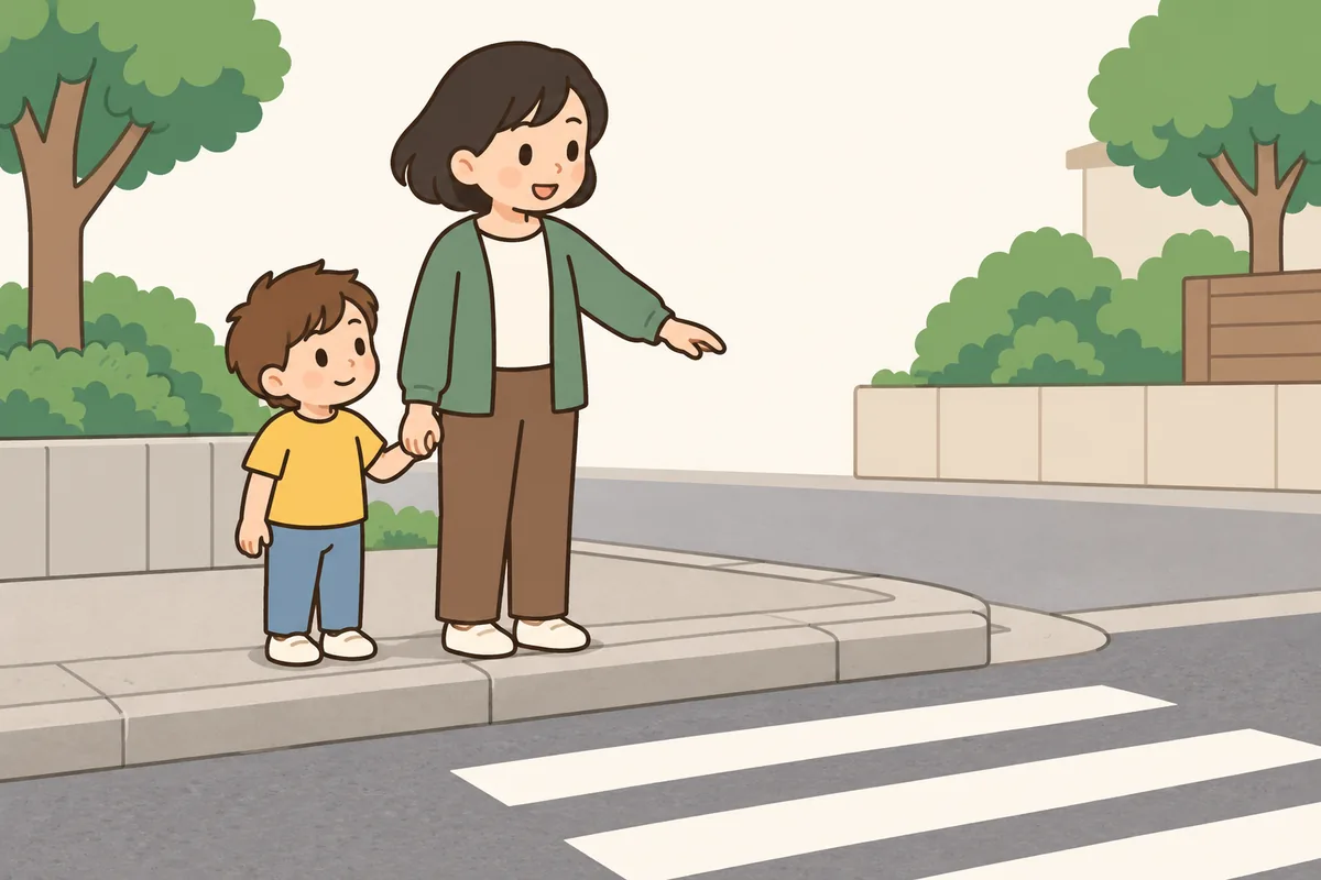 横断歩道の手前で、手をつないだ大人と子どもが立ち止まって左右を見ている