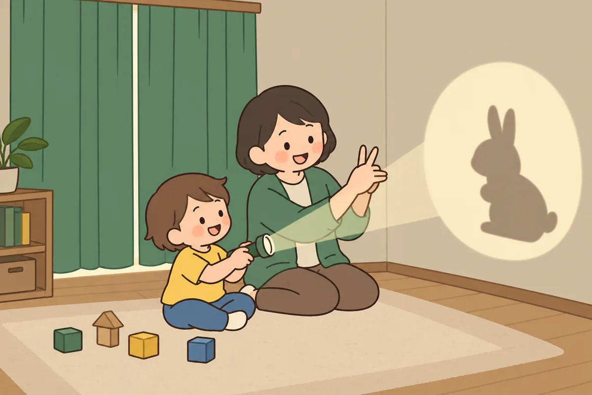 カーテンを閉めた部屋で、子どもと大人が懐中電灯で壁に影絵を映して遊んでいる。