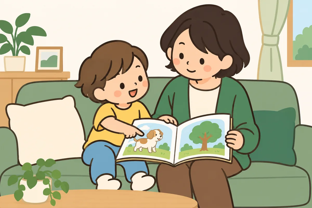 大人と子どもが絵本を開き、子どもが絵を指さして話している