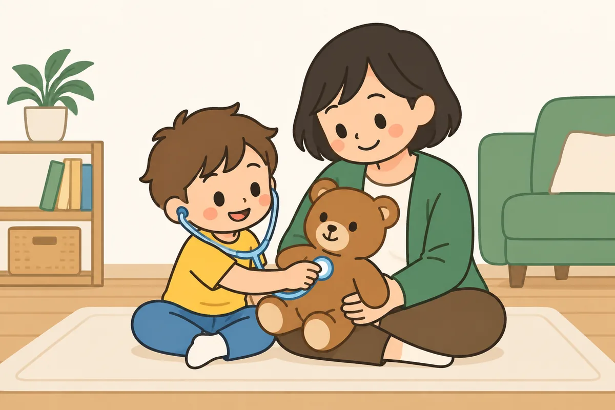 子どもがおもちゃの聴診器で、ぬいぐるみを診察している