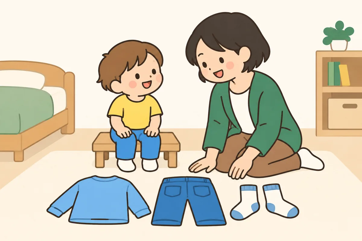低い台に座った子どもの前に、着る順に服が並べてある