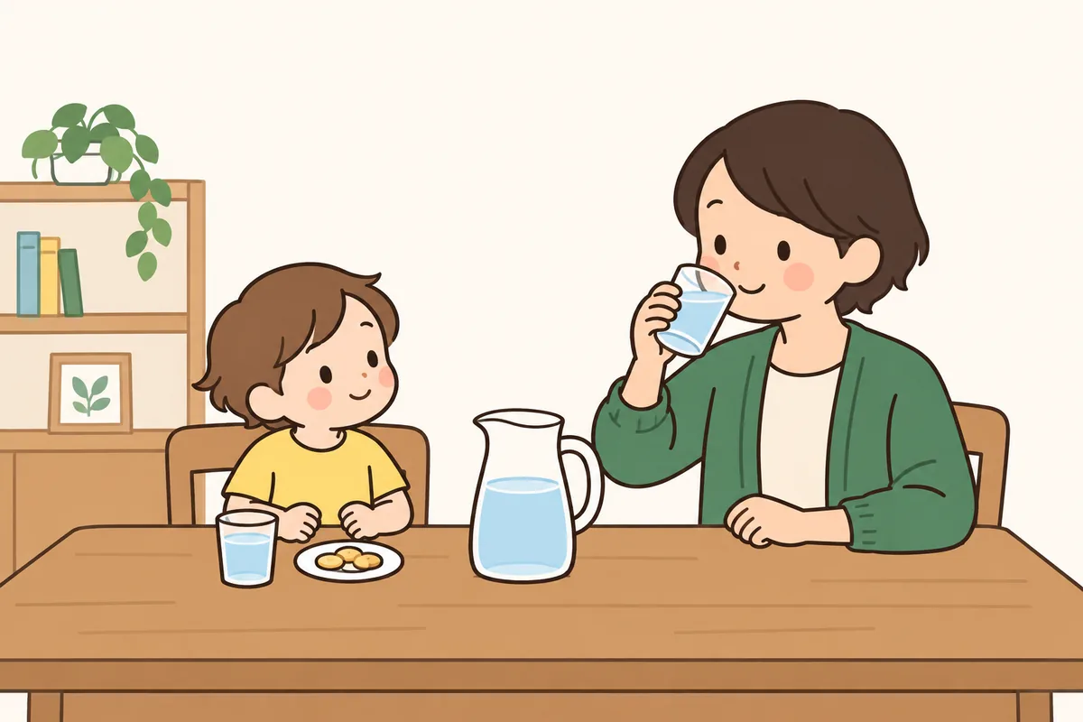 食卓に、小さなコップの飲み物と水差しが並んでいる。