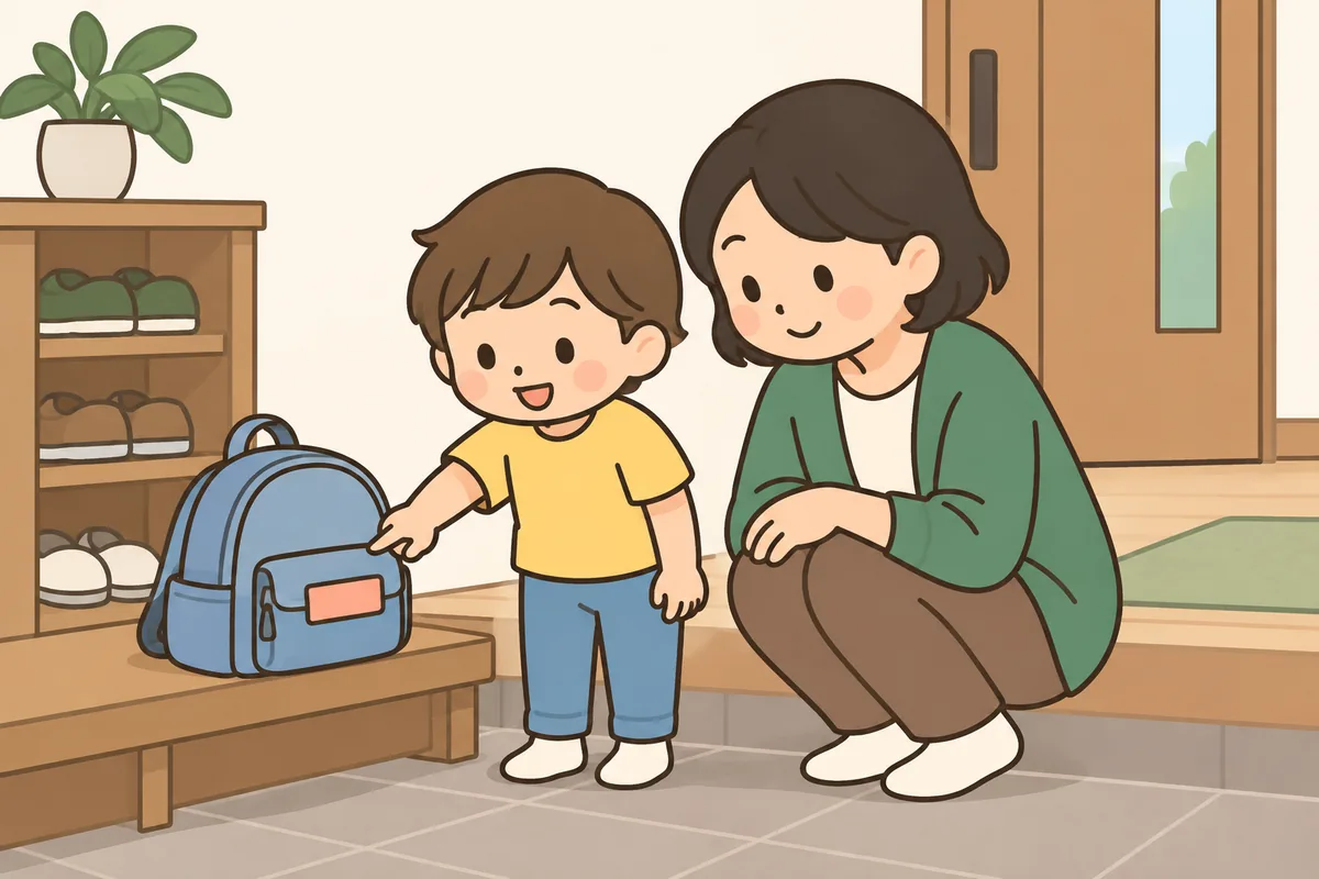 子どもが自分のかばんの名前シールを指さし、大人が一緒に見ている