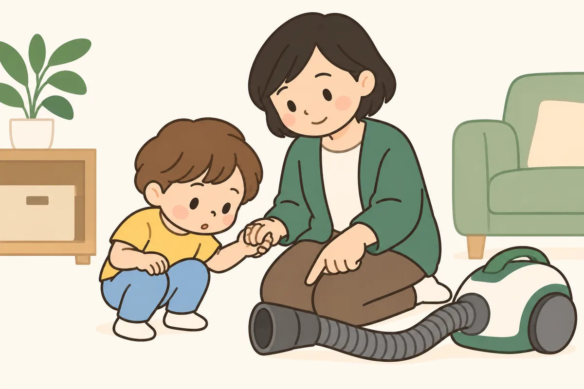 止めた掃除機を指さして説明する大人と、のぞき込む子ども
