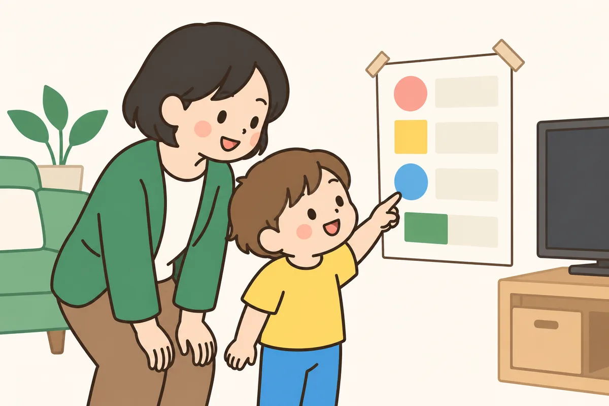 家族で、壁に貼った絵の約束表を見ている