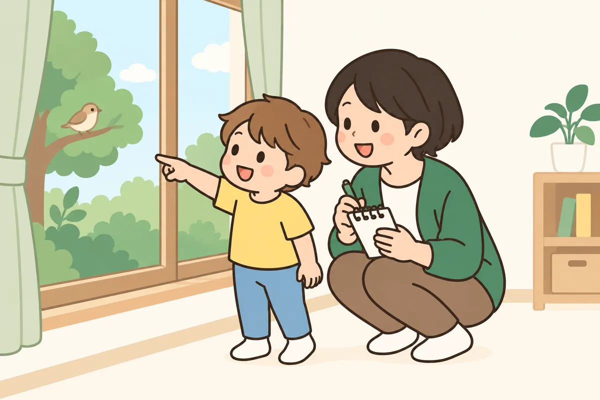 子どもが窓の外を指さし、大人がメモ帳を手に一緒に見ている