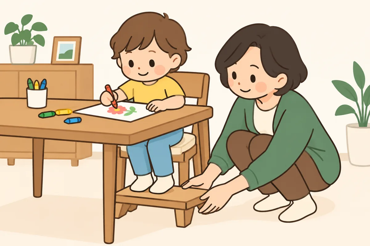 足台に足をのせた子どもが、ひじの高さの机で絵を描いている
