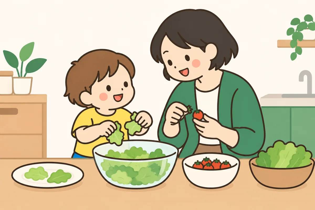 子どもと大人が一緒に、ボウルで野菜をちぎっている