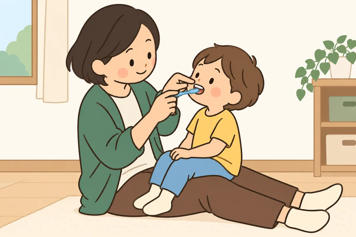 大人が床に座り、向かい合わせにひざに乗せた子どもの歯をそっとみがいている