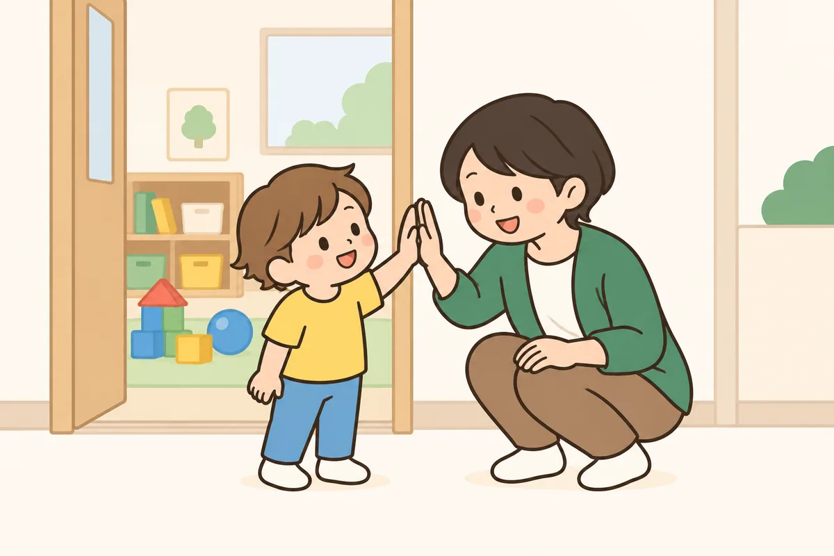 園の入口で、子どもとしゃがんだ大人がハイタッチをしている