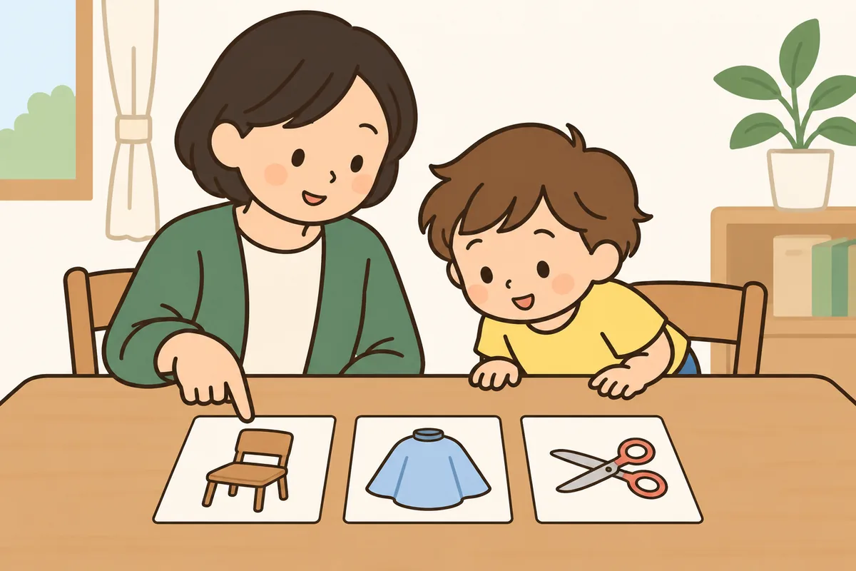 散髪の流れの絵カードを、大人と子どもが一緒に見ている