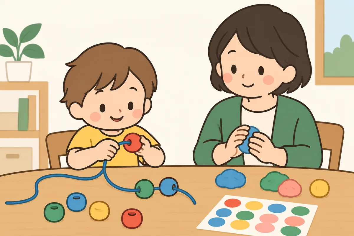 子どもが大きなビーズにひもを通し、大人が向かいで粘土を丸めている