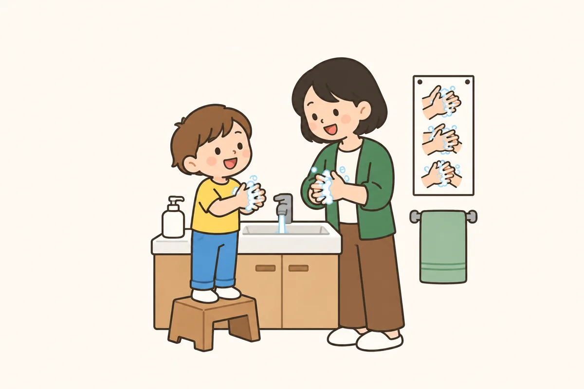 手順の絵が貼られた洗面台で、大人と子どもが一緒に手をこすっている