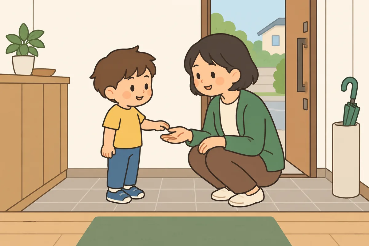 玄関で大人がしゃがみ、子どもと目を合わせて手を差し出している