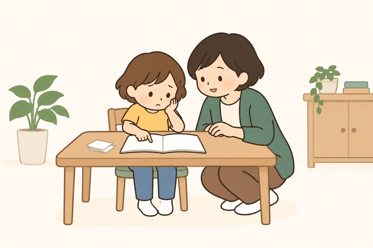 大人が子どもの横にしゃがみ、ノートの同じ所を一緒に見ている。