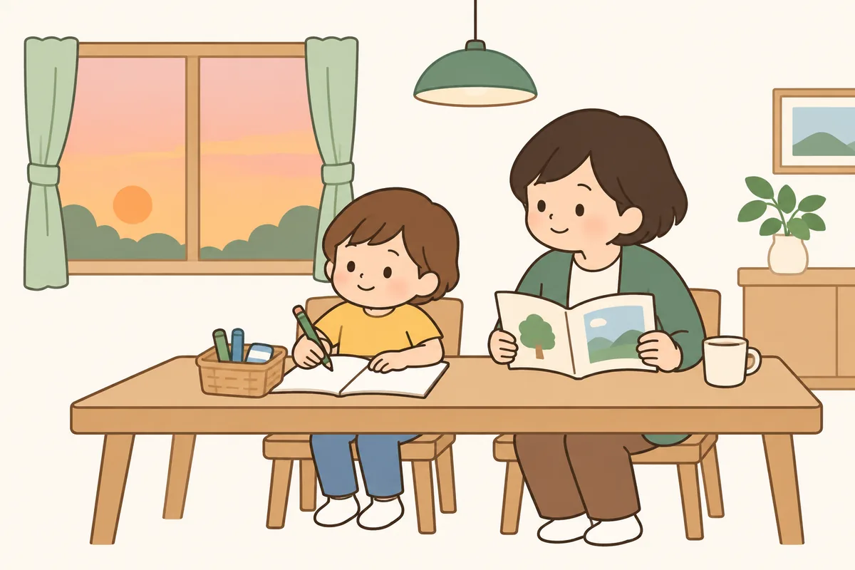 食卓に文房具のかごがあり、子どもと大人が並んで座っている。