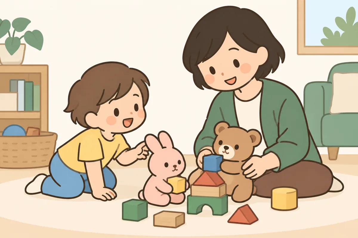 子どもがぬいぐるみに話しかける練習を、大人が見守っている