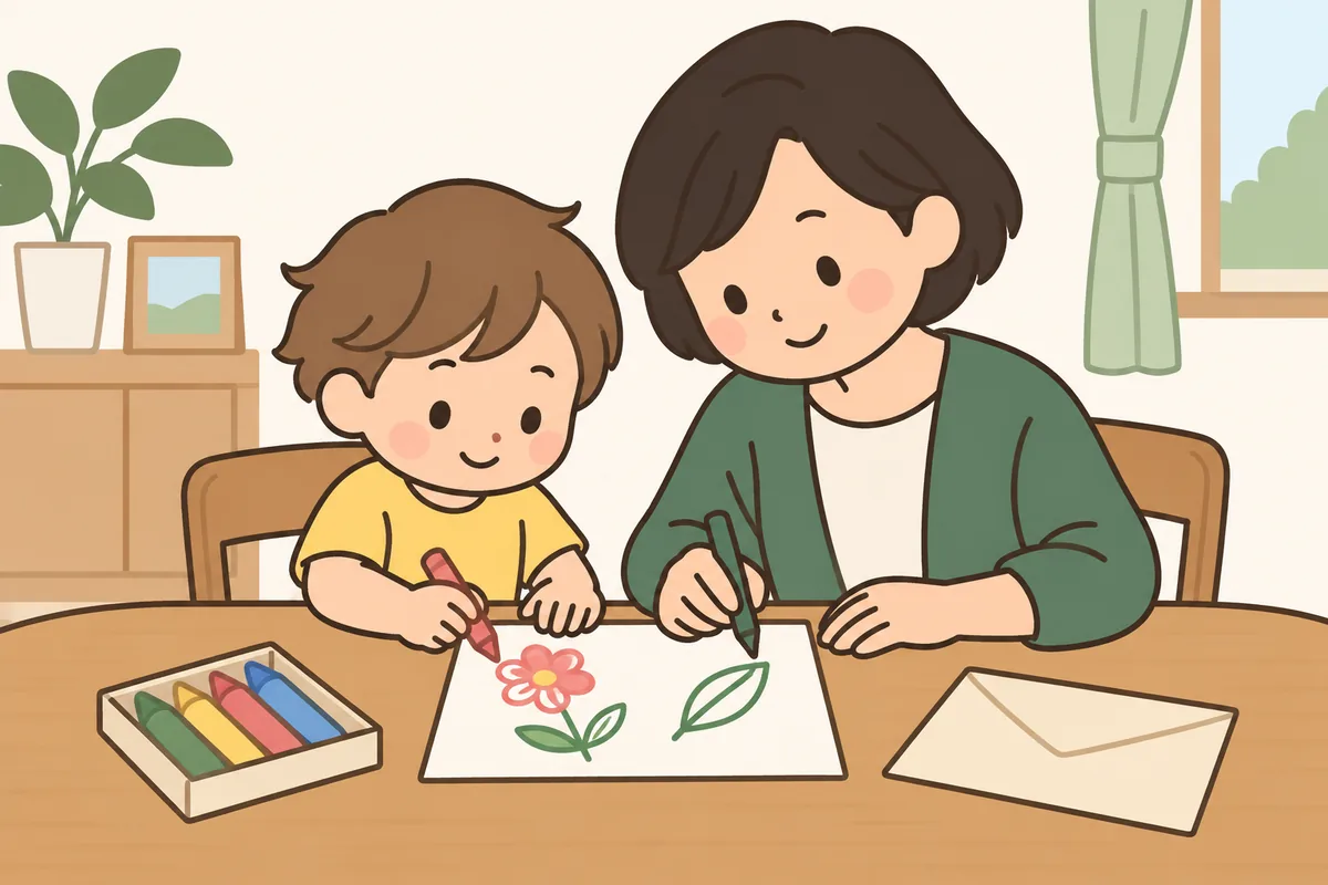 大人がカードに書き、子どもがクレヨンで絵を描き足している
