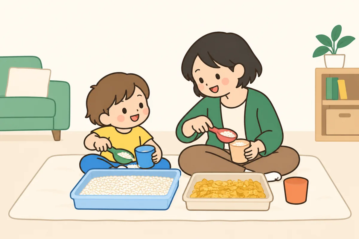 米の入った容器に、子どもがスプーンを入れてすくっている