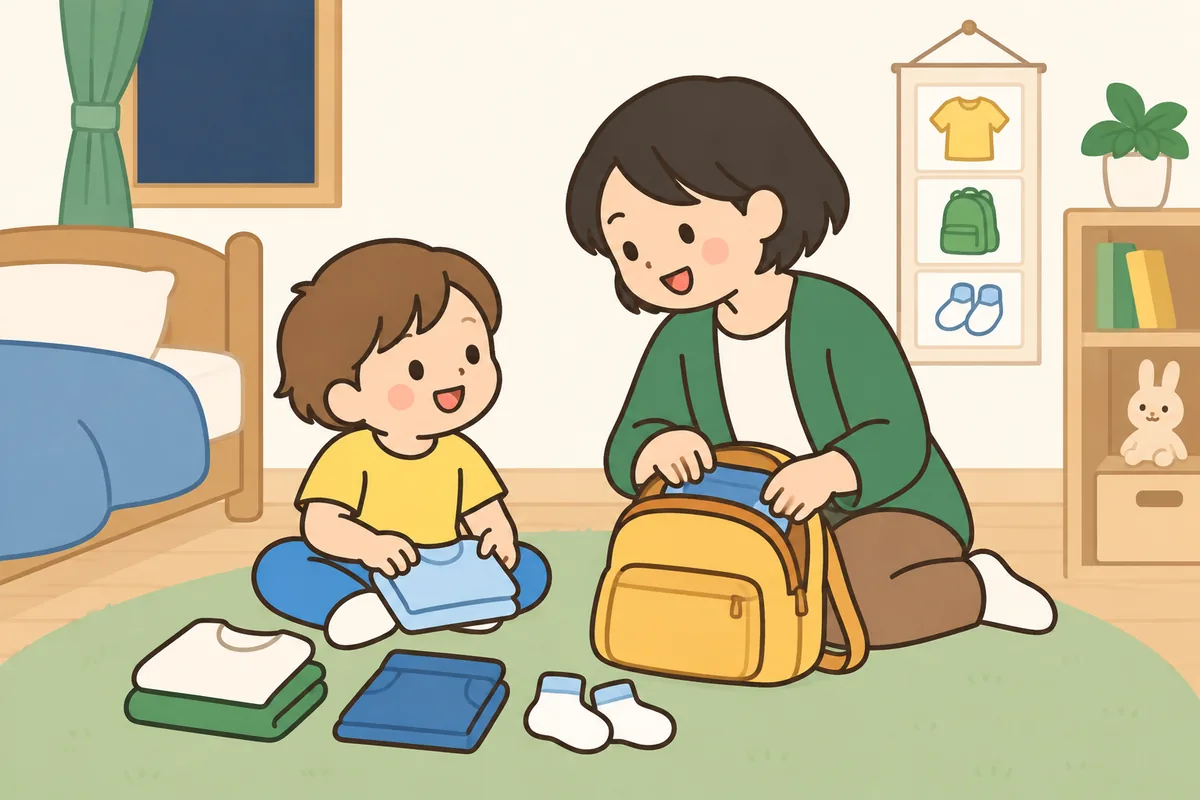 夜、子どもと大人が翌朝の服とかばんを並べて用意している
