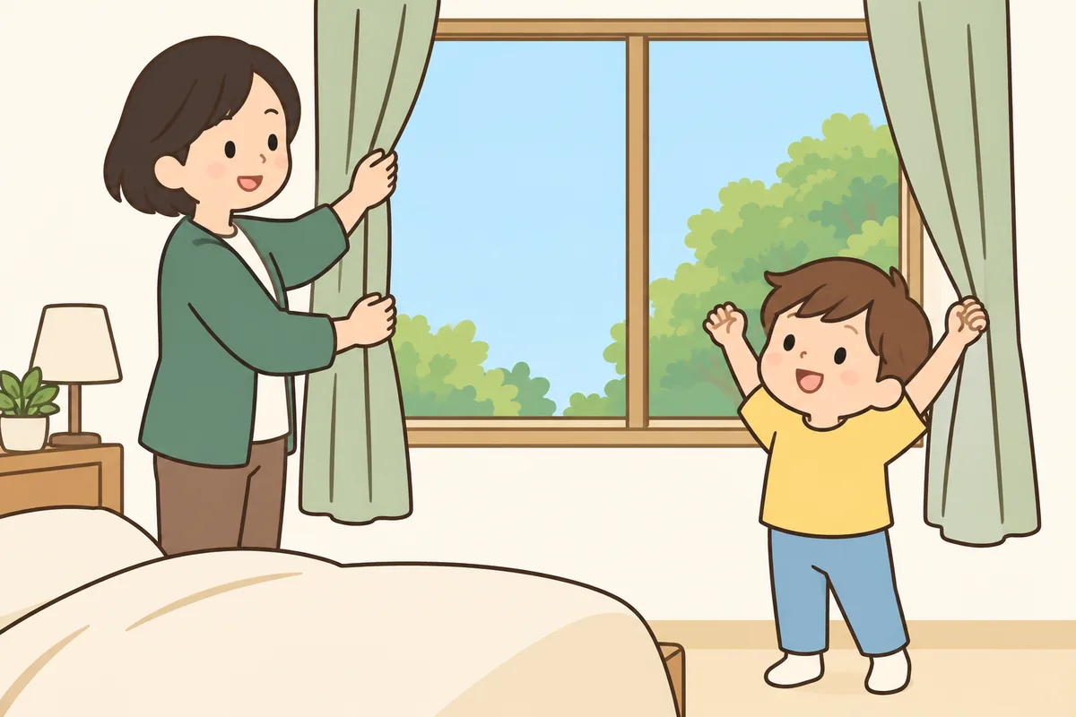 朝、大人と子どもがいっしょにカーテンを開け、部屋に光が差しこんでいる