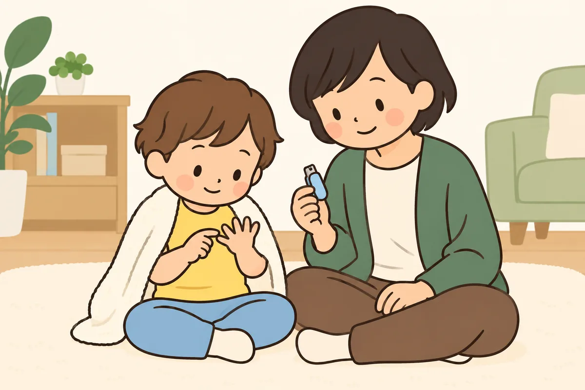 お風呂上がりの子どもが、大人と一緒に指を数えている