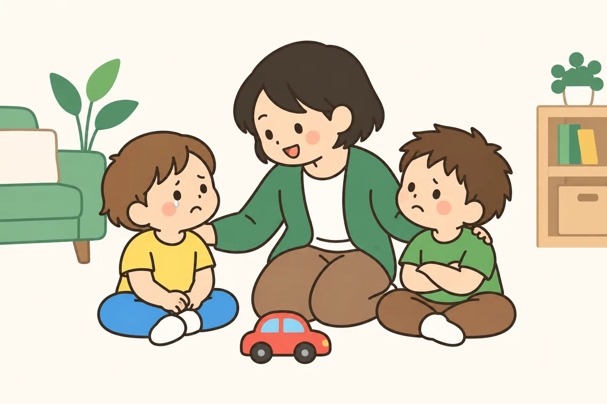 大人が2人の子どもの間にしゃがみ、話を聞いている