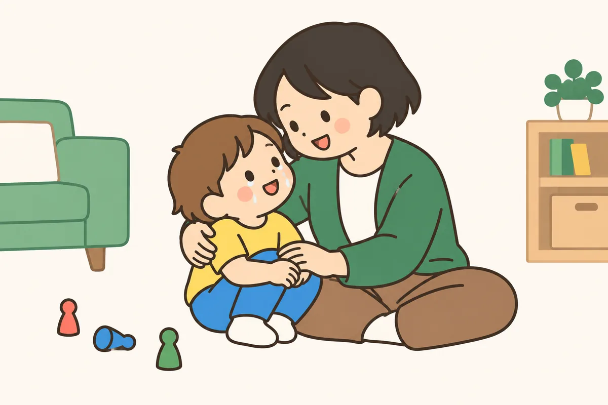 泣きやみかけた子どもを、大人が抱きよせて話を聞いている