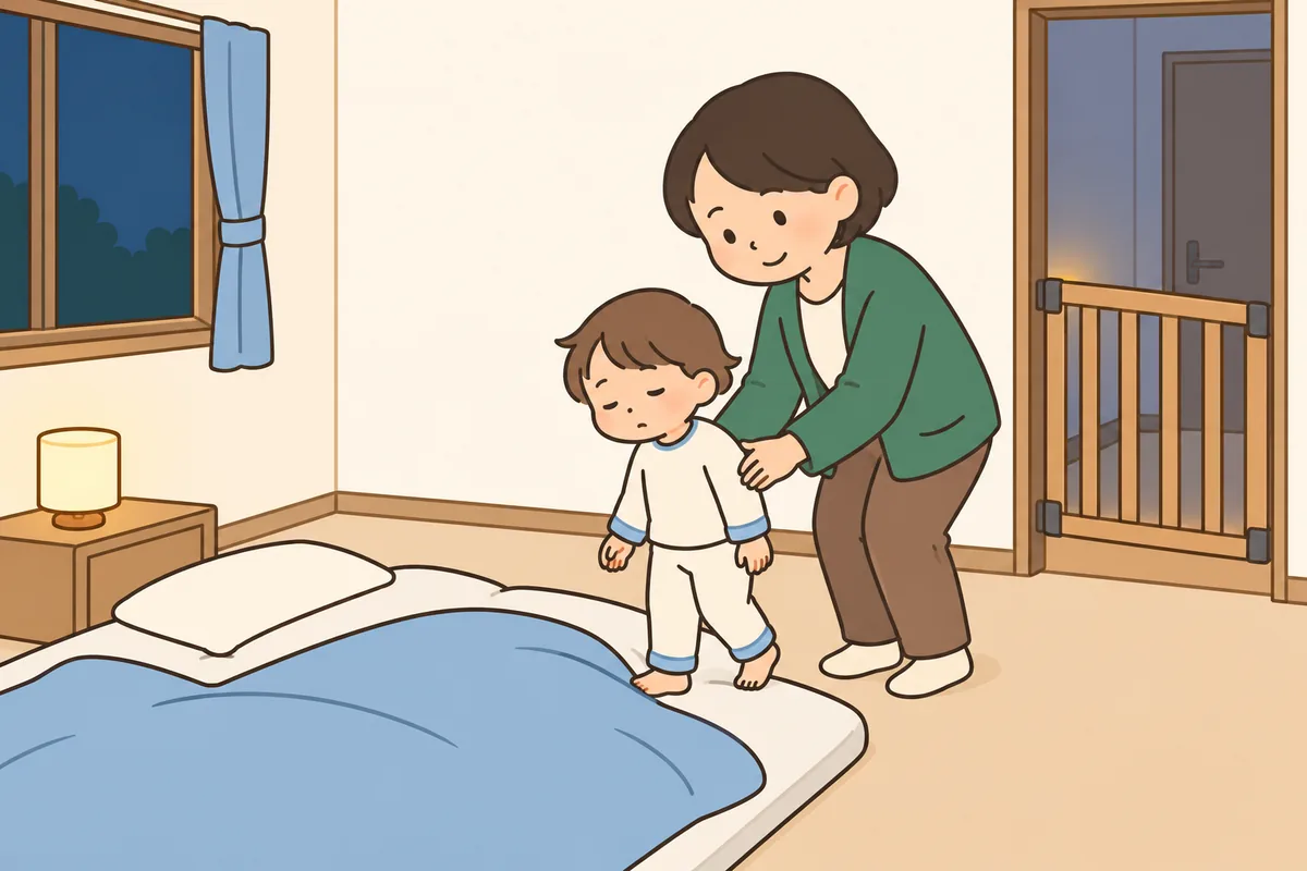 眠ったまま起き上がった子どもを、大人がそっと布団へ戻している。