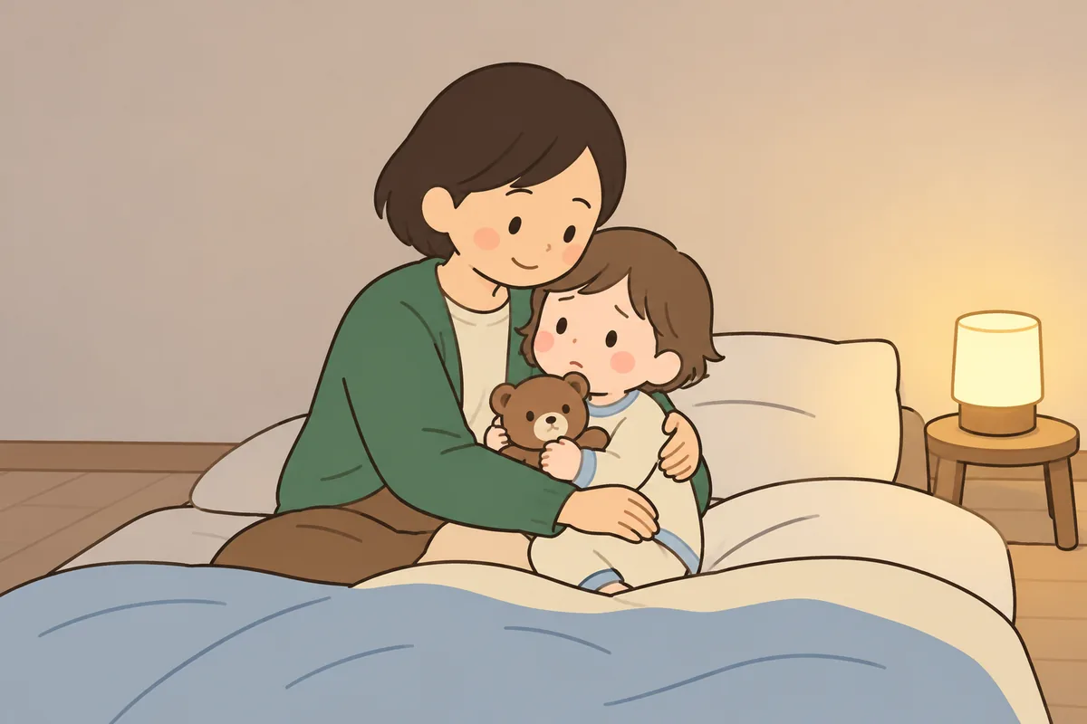 夜中に目を覚ました子どもを、大人がぬいぐるみと一緒に抱きしめて安心させている。