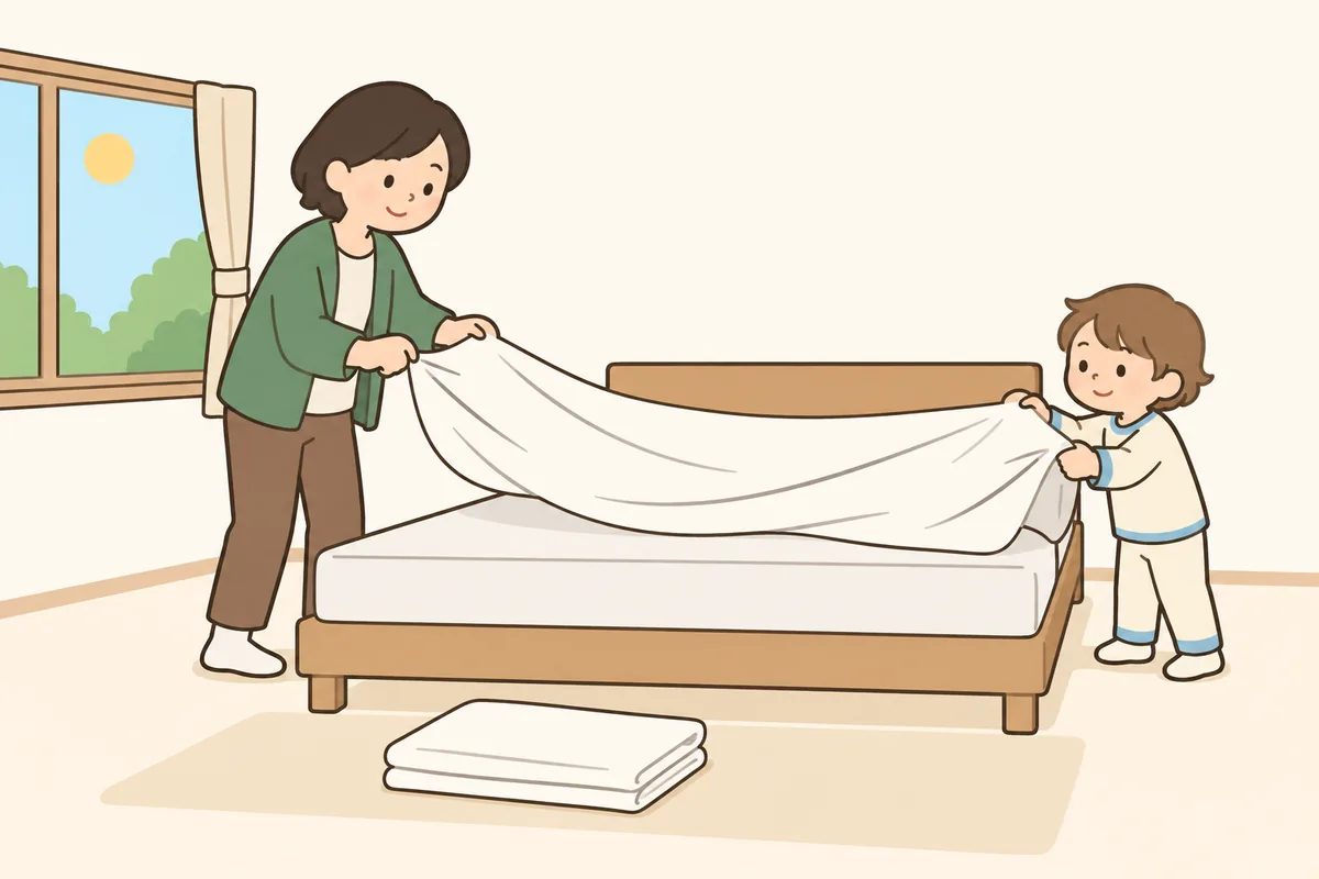 大人と子どもが一緒に、ベッドのシーツをはがしている。