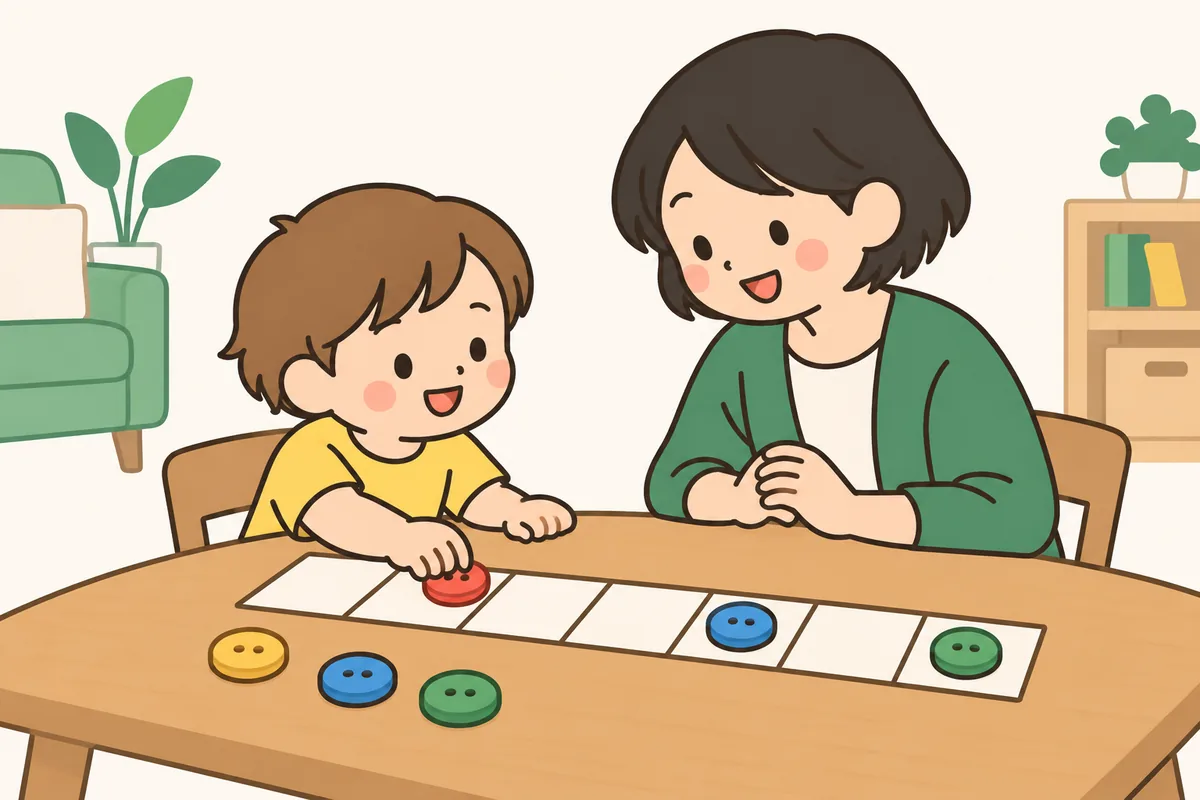 手作りのすごろくで、こまを進める子どもと大人