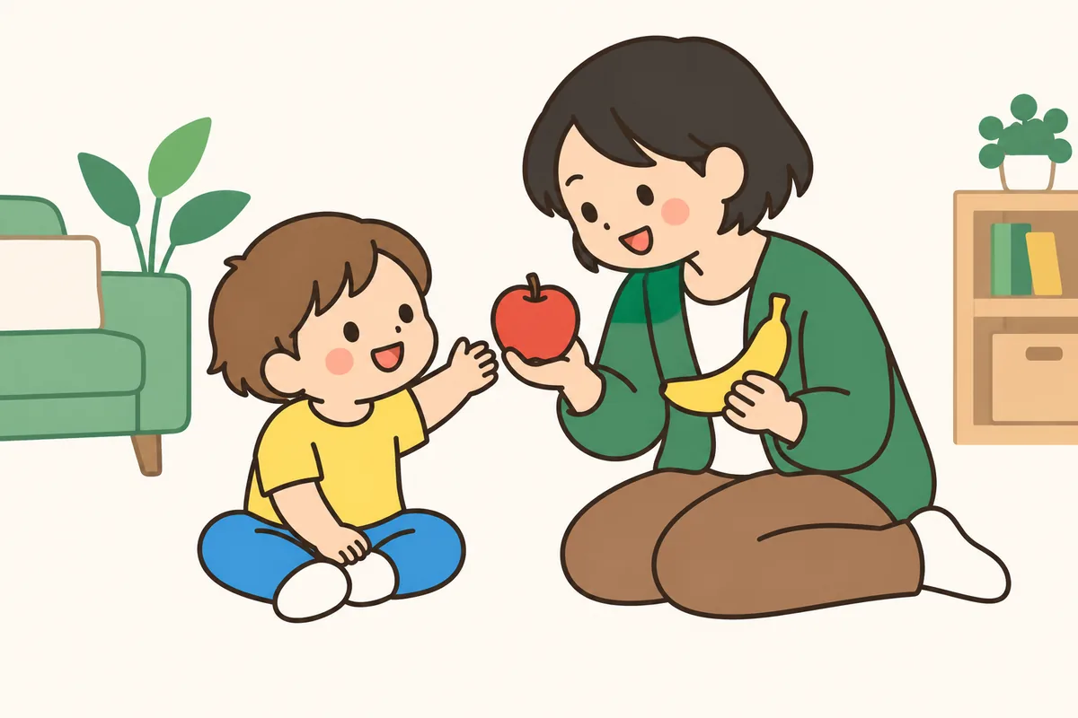 りんごとバナナを両手に持って見せる大人と、選ぶ子ども