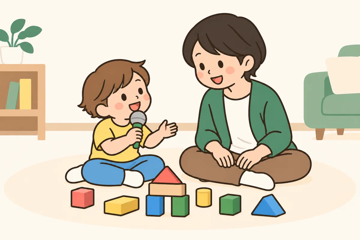 子どもがおもちゃのマイクを持って話し、大人が聞いている