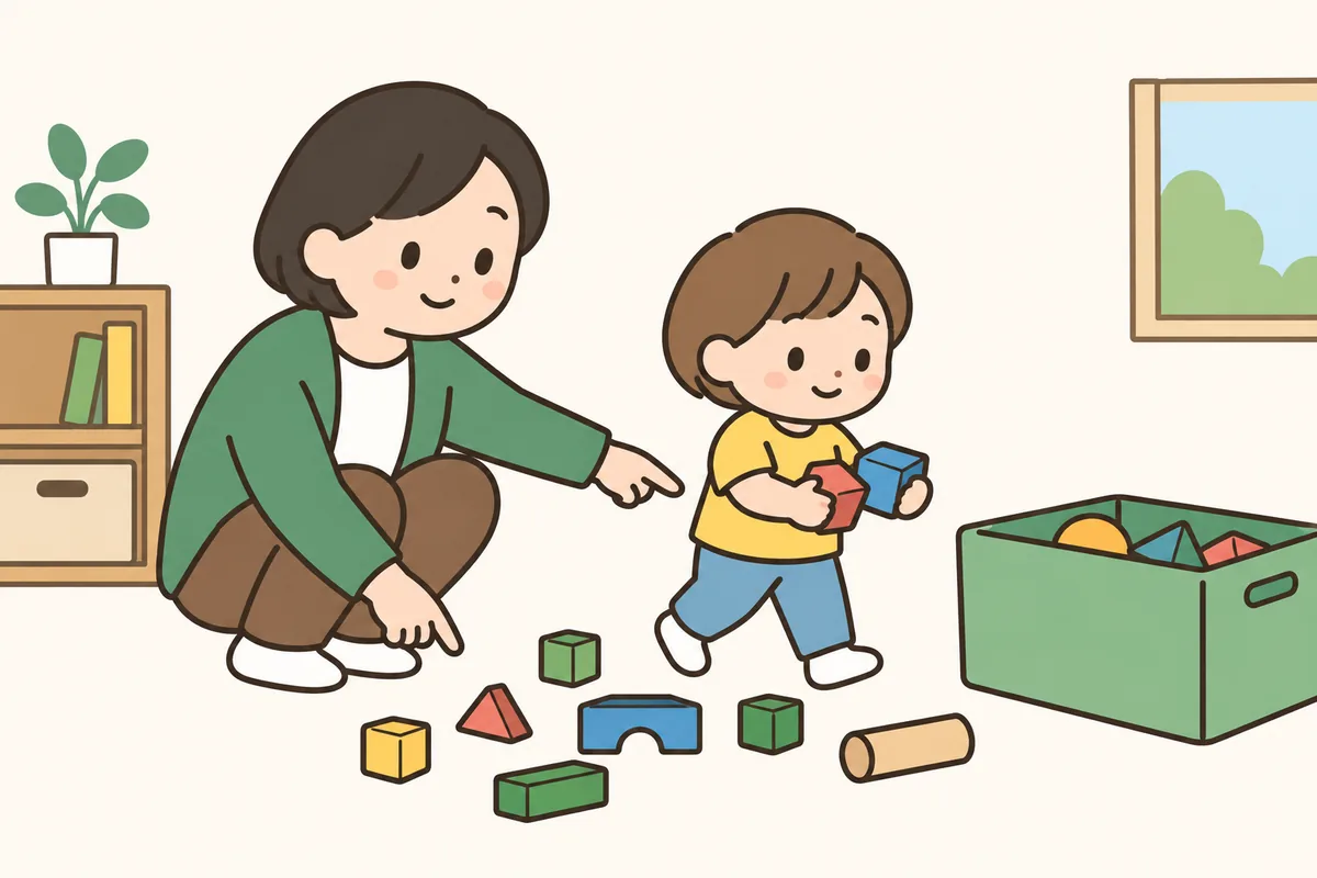 大人が積み木と箱を指さし、子どもが積み木を拾っている