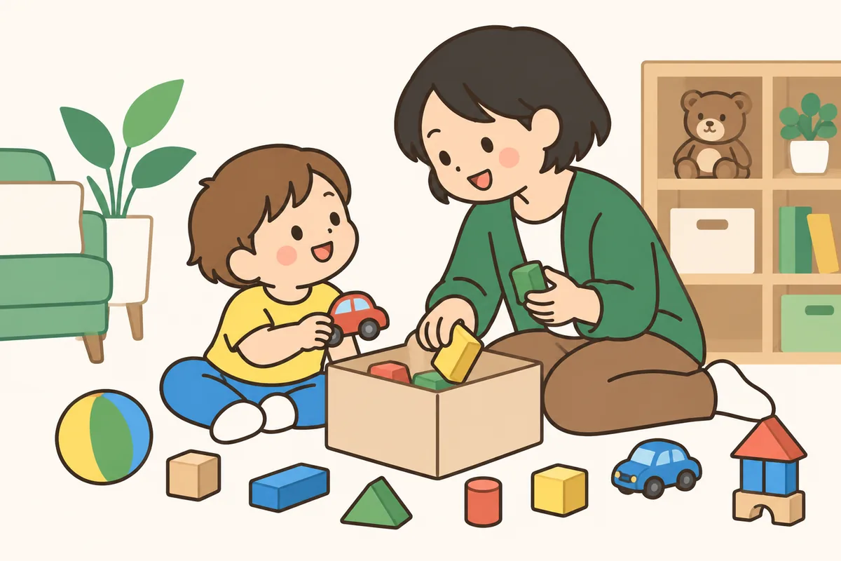 大人と子どもが、一緒に使うおもちゃを選んでいる