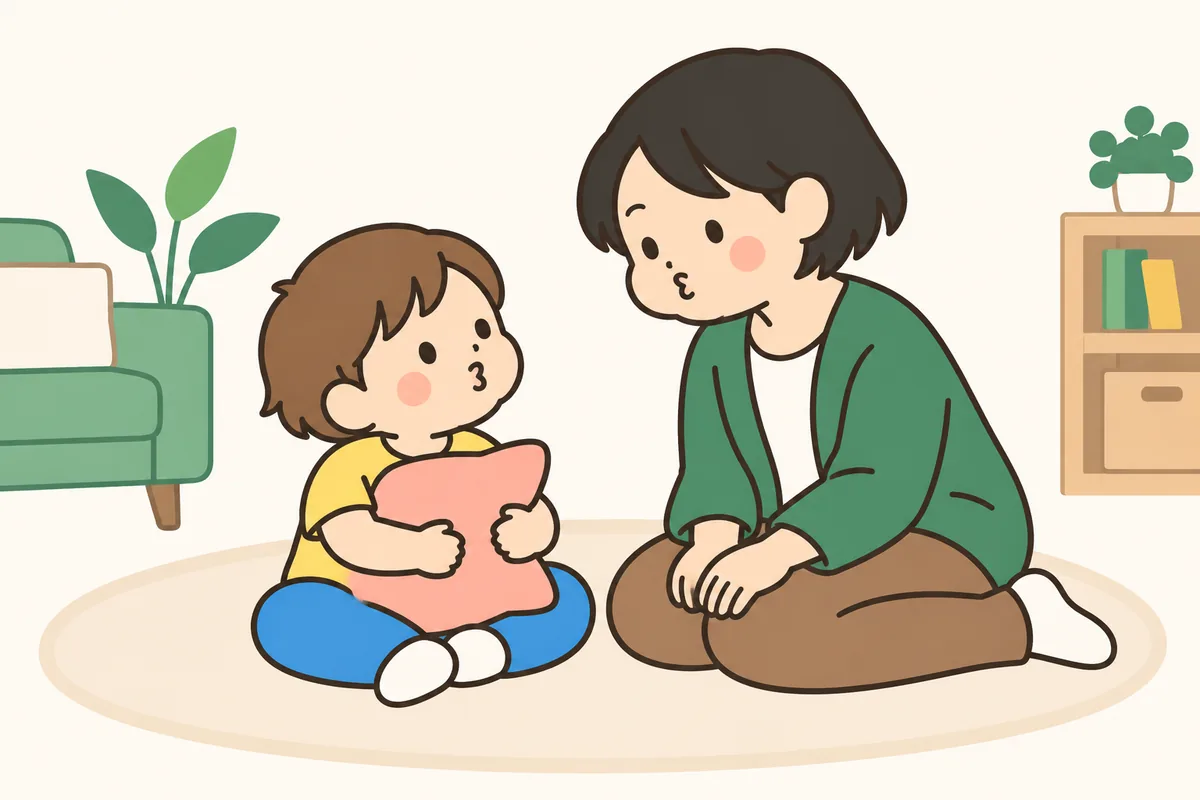 大人と子どもが向かい合って、ゆっくり息をはく練習をしている