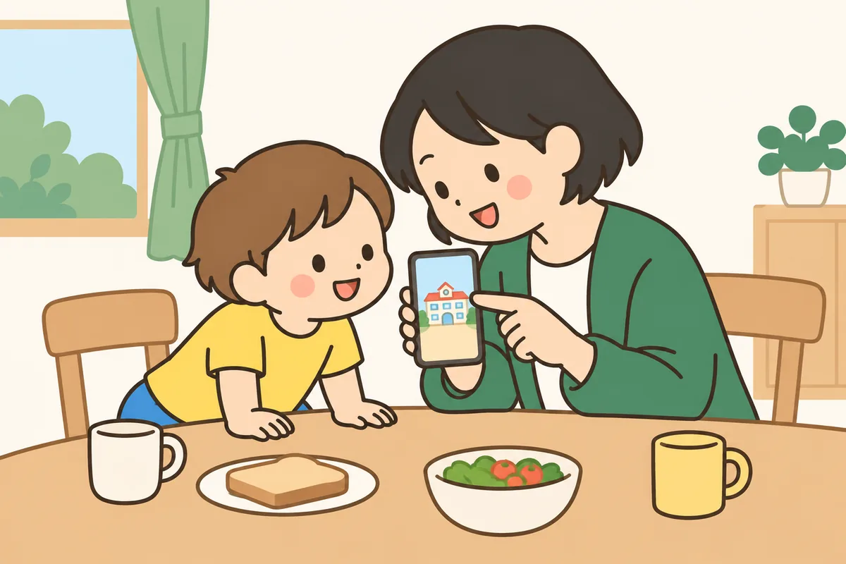 出かける前に、大人がスマホの写真を見せながら行き先を話している