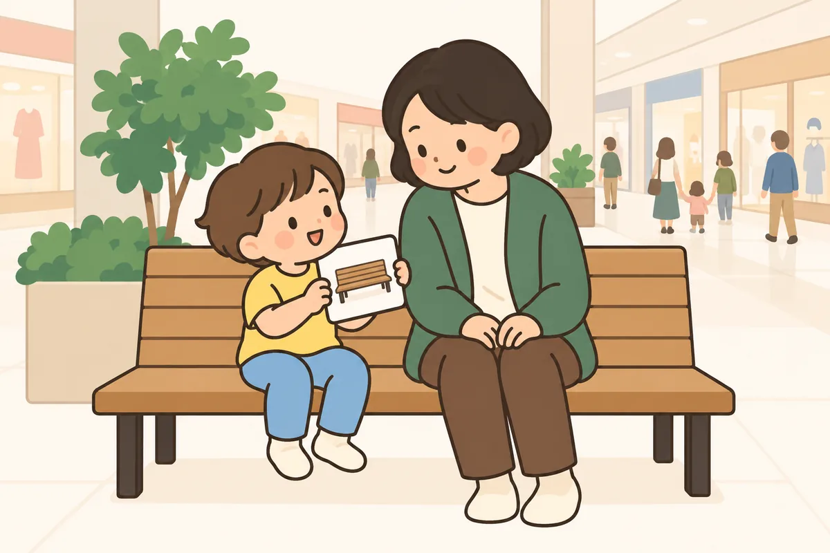 にぎやかなお店の端の静かなベンチで、子どもと大人が休んでいる