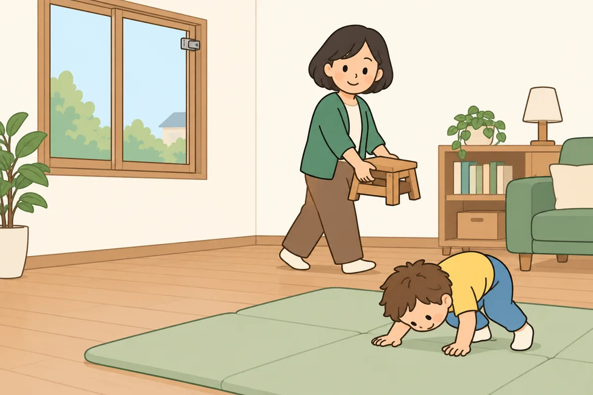 大人が窓のそばから低い台を運び出し、子どもは床のマットの上で遊んでいる