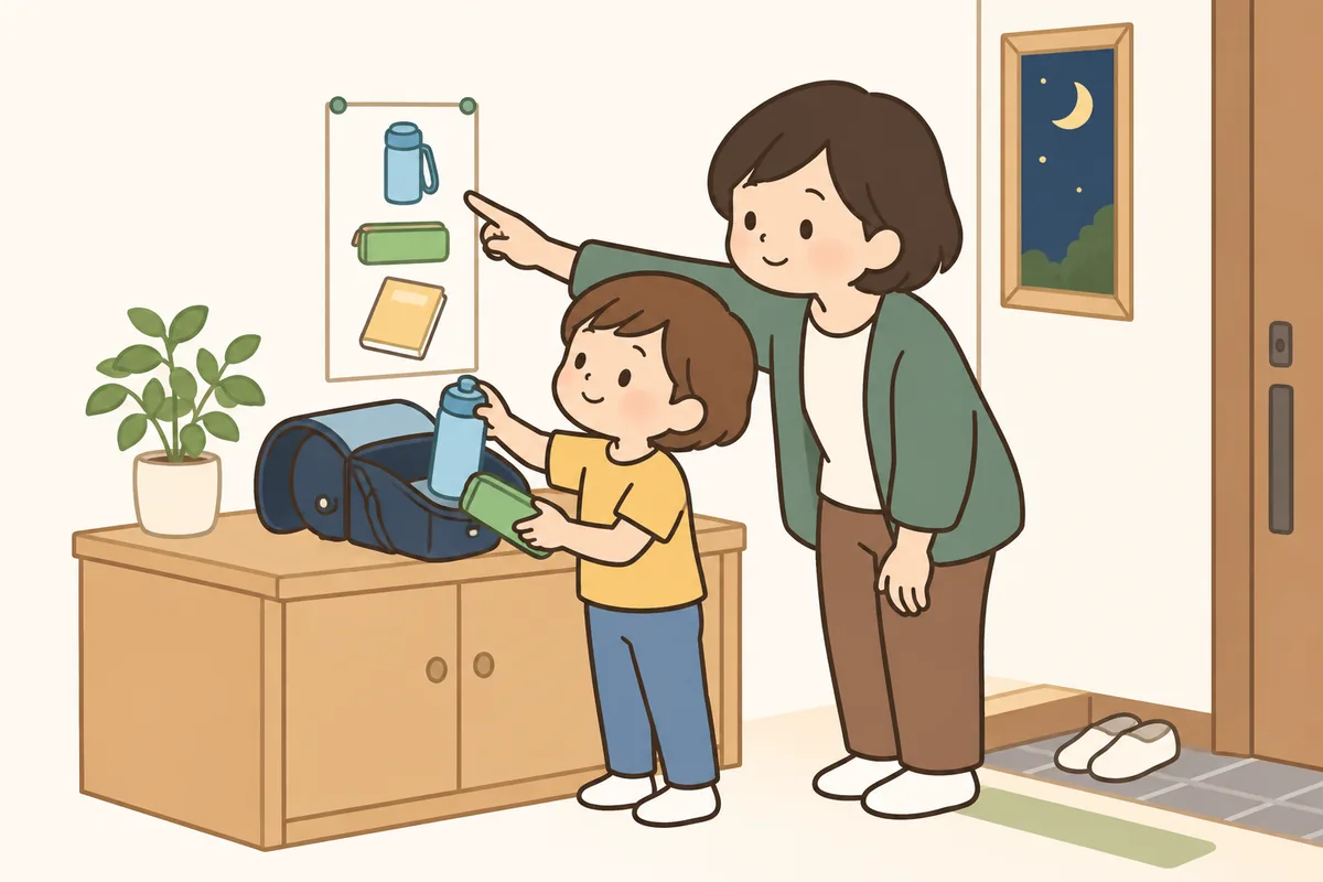 子どもが絵のチェック表を見ながら、かばんに水筒を入れている。