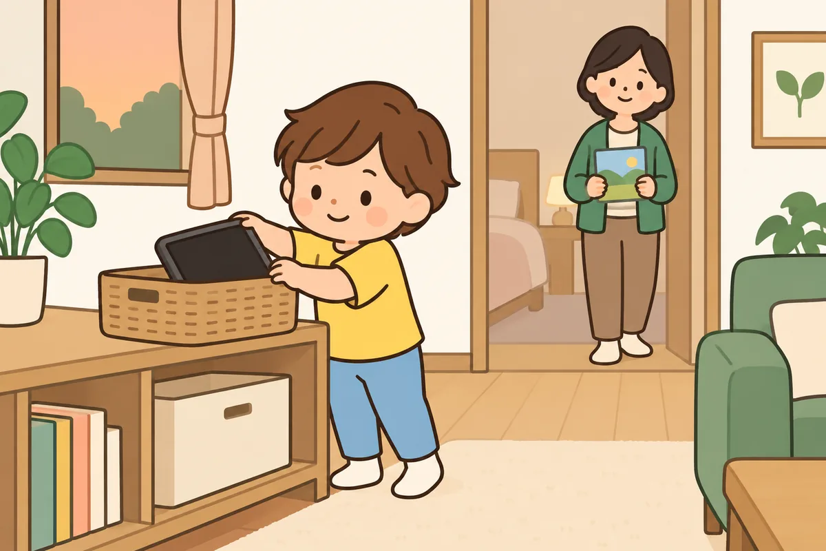 タブレットを居間の棚のかごにしまう子どもと、絵本を持って待つ大人