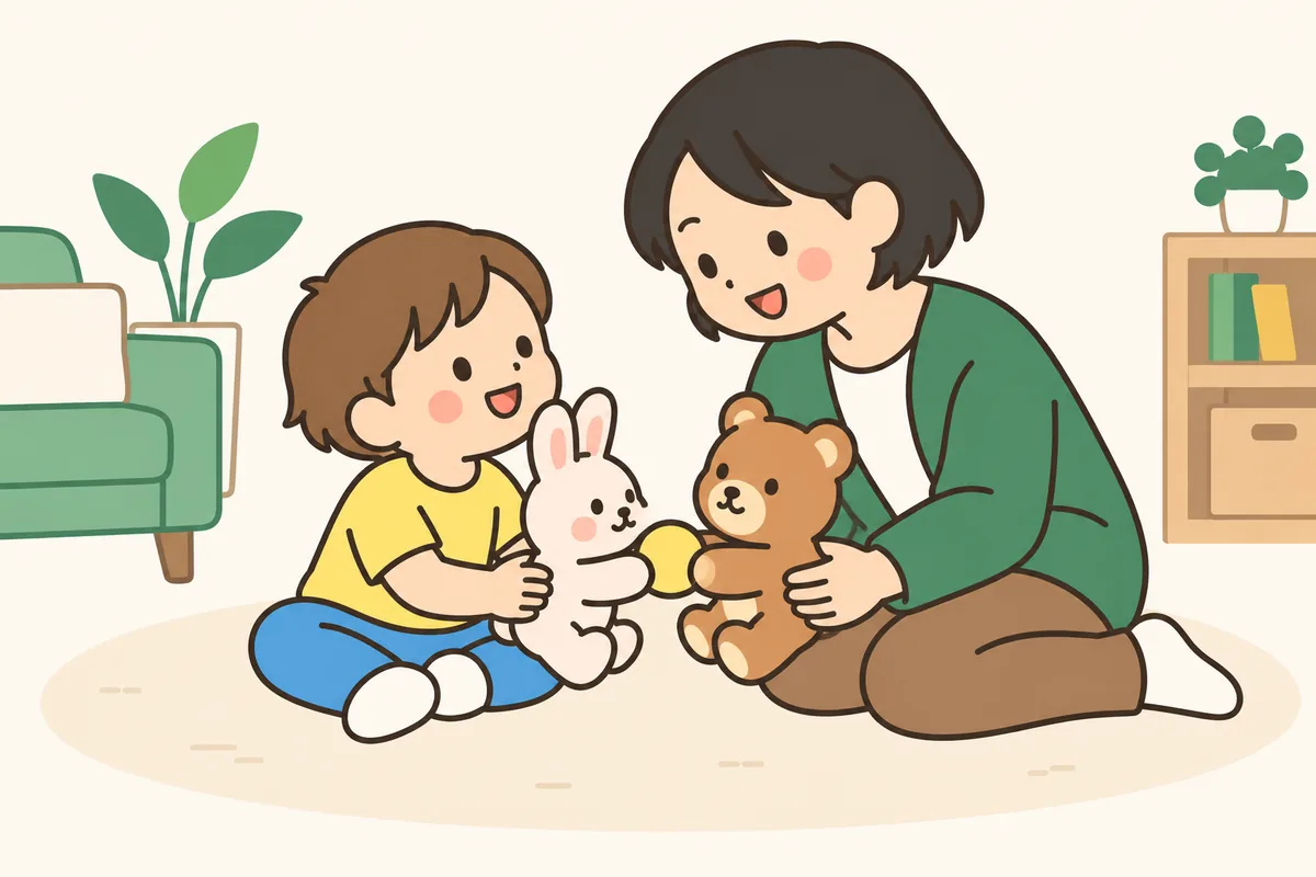 大人と子どもが、ぬいぐるみでおもちゃを貸し借りするまねをしている