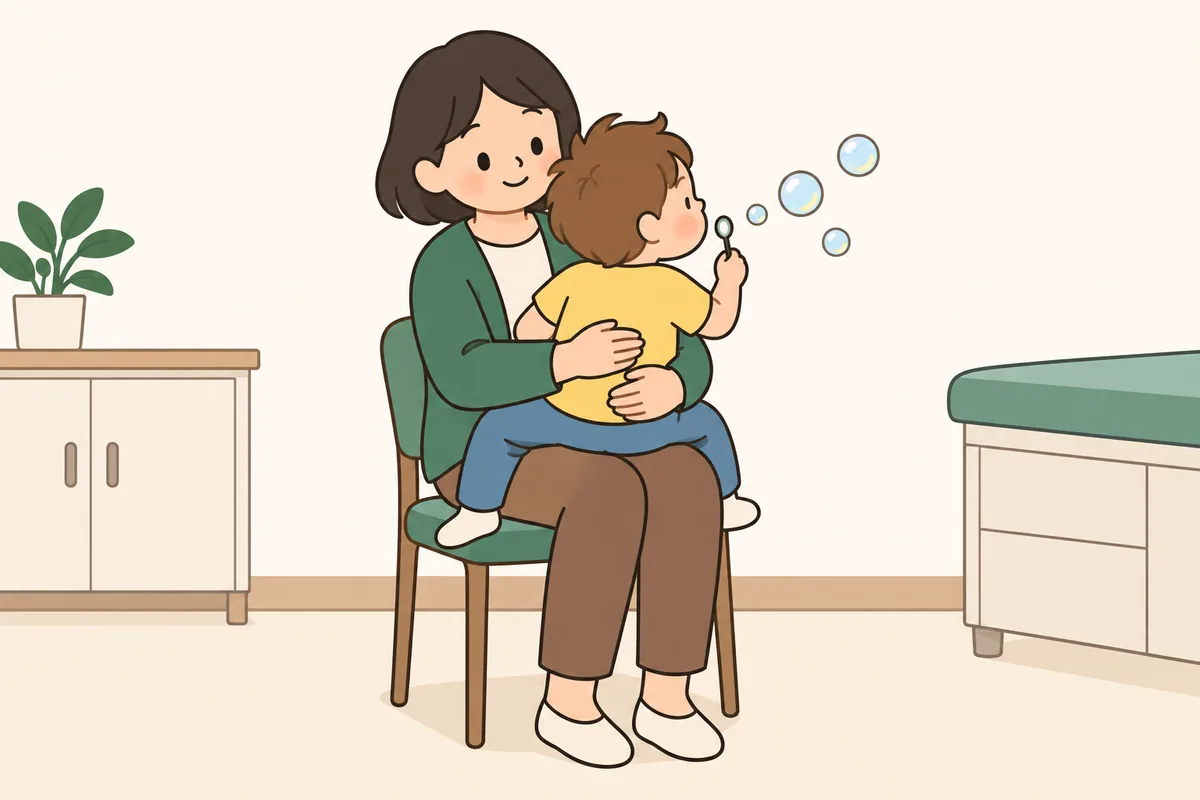 大人のひざの上で抱きしめられた子どもが、シャボン玉を吹いている