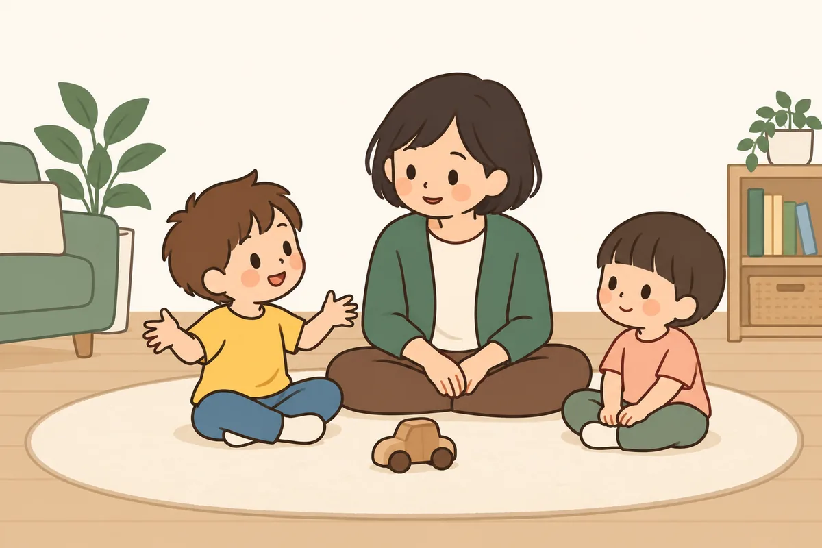 大人が2人の子どもと向かい合って座り、一人ずつ話を聞いている