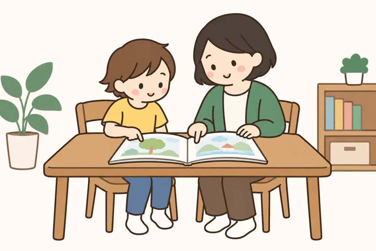 机の上の本の一部を指さして、親子が「ここまで」を決めている。